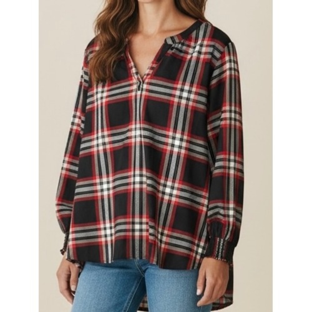 Christopher Banks Red Black Plaid Tunic Smocked Cuff XL Holiday Christmas EUC